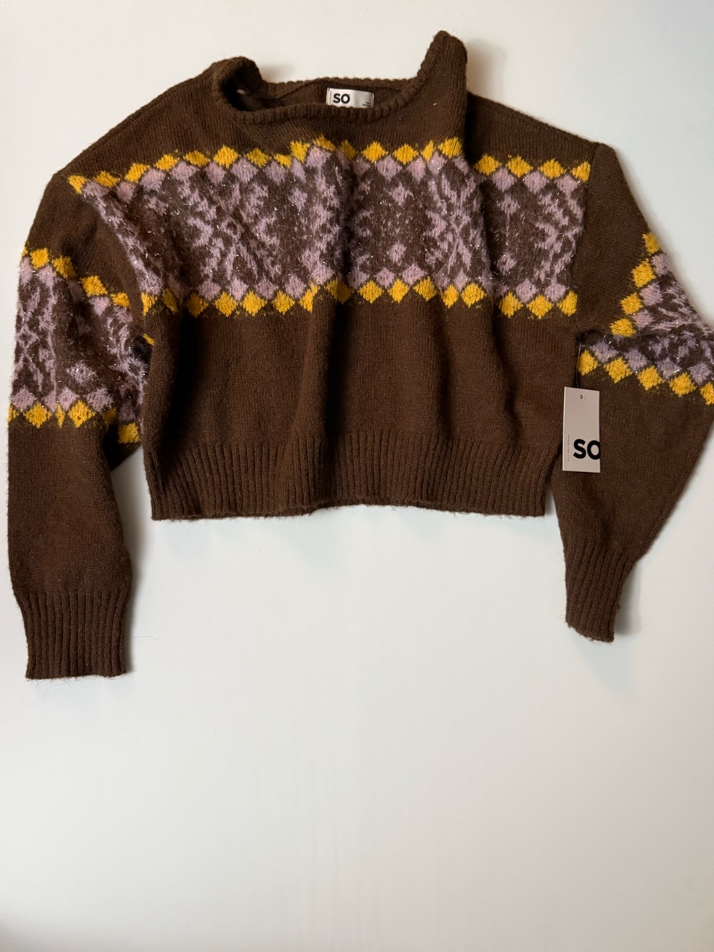New, SO Brown Cropped Sweater with Pink and Yellow Fair Isle